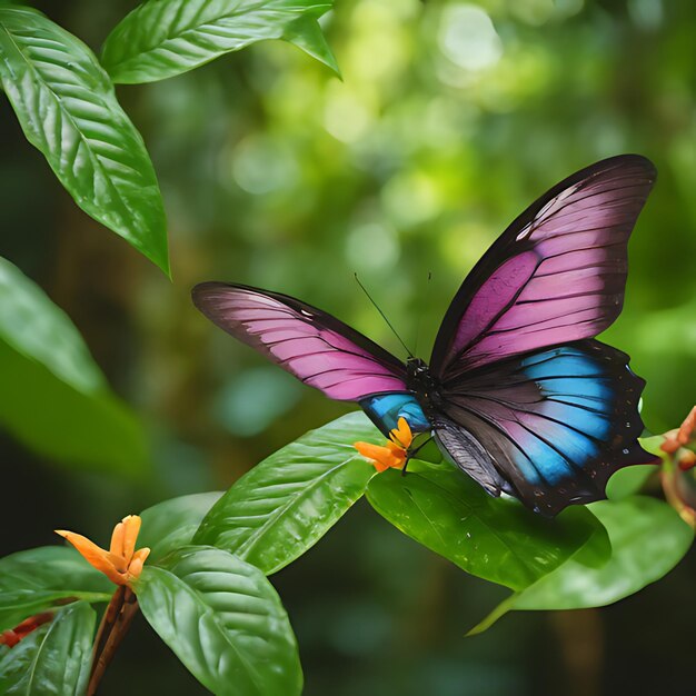 un papillon qui est violet et bleu est sur une fleur