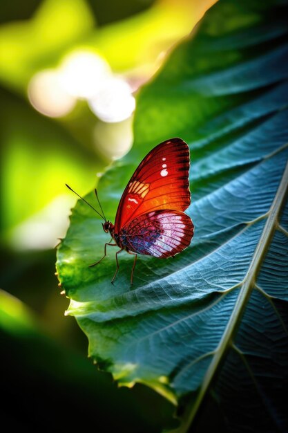 Papillon reposant sur une feuille vibrante au soleil créée avec une IA générative