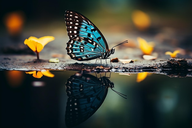Un papillon reposant sur un miroir créant un reflet surréaliste