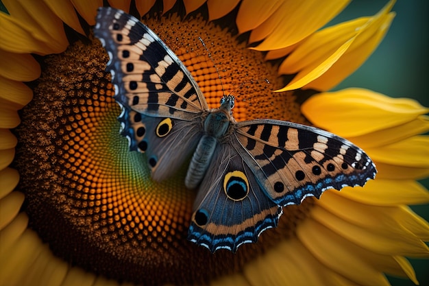 Un papillon repose sur un tournesol dans ce gros plan