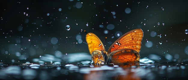 Le papillon respire alors qu'il nage sur le fond noir isolé.