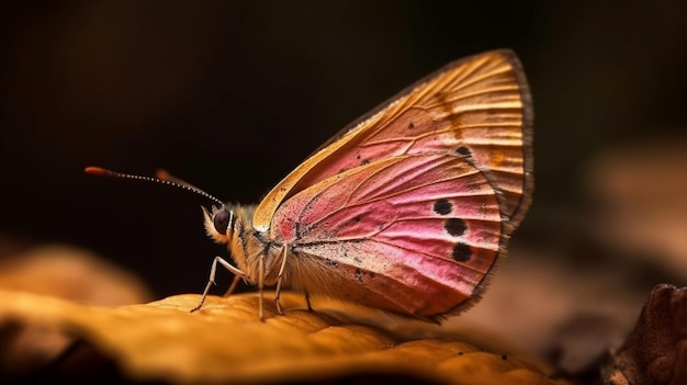 Un papillon rose est assis sur une feuille avec le mot papillon dessus.