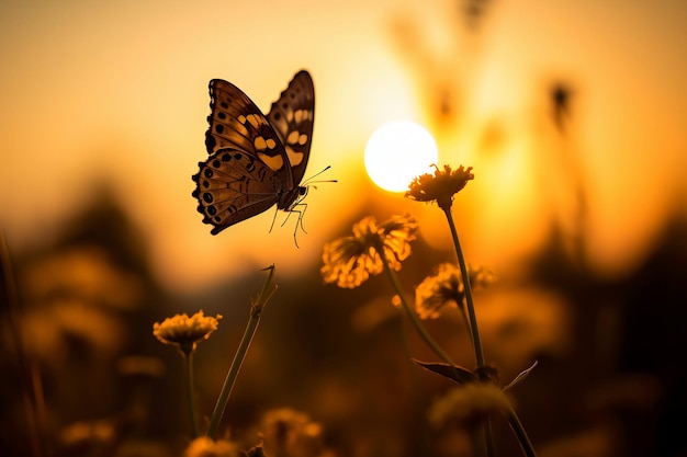 Un papillon se détache sur un coucher de soleil jaune générateur d'IA