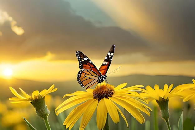 Un papillon se pose sur une fleur devant un coucher de soleil.