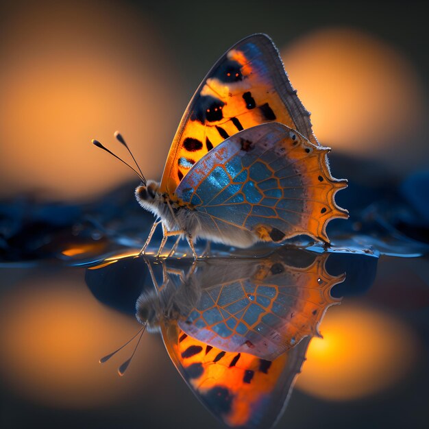 Un papillon se reflète dans une flaque d'eau et le reflet est orange et noir.