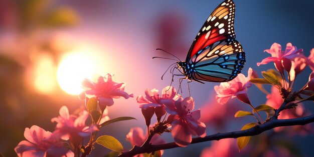 Photo un papillon se tient au sommet des fleurs roses au coucher du soleil