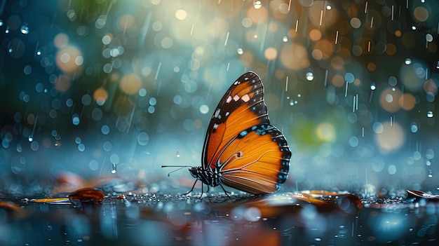 Papillon sur le sol mouillé avec des gouttes de pluie et un fond bokeh