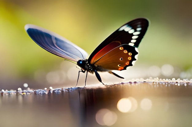 Un papillon sur une surface en bois avec le mot papillon dessus