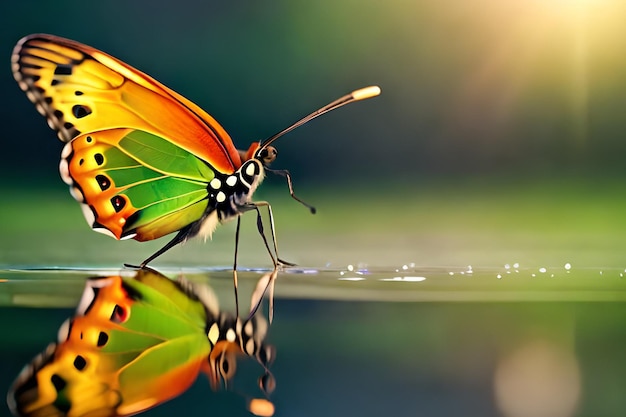 Un papillon sur une surface d'eau