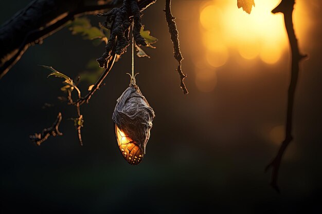 Un papillon suspendu à une branche d'arbre au coucher du soleil