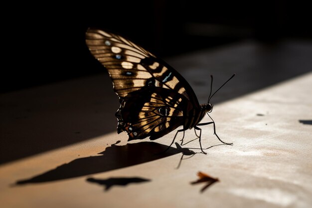 Un papillon sur une table avec le soleil qui brille dessus