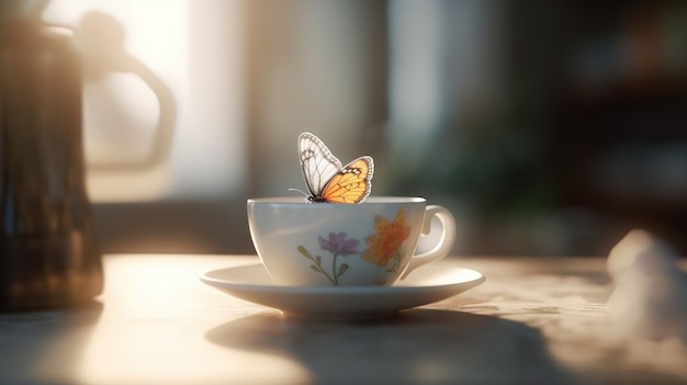 Un papillon sur une tasse de thé