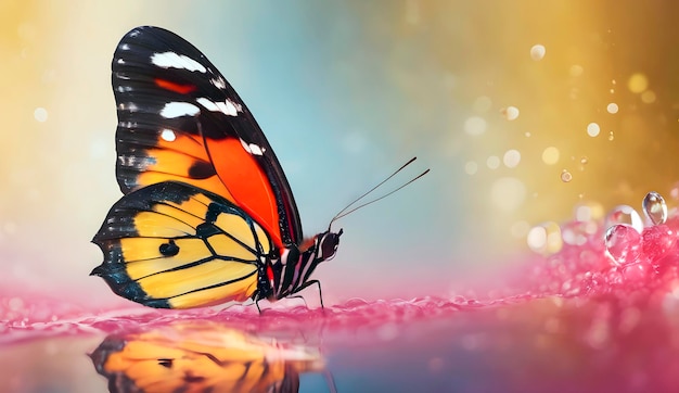 papillon tropical coloré sur l'eau papillon dans une flaque d'eau après la pluie de près