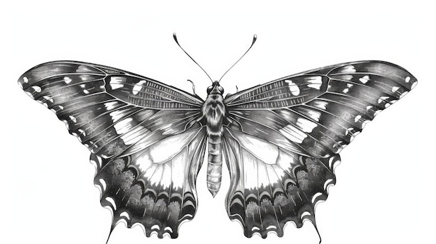 Un papillon tropical gravé avec des détails décrits sur un fond blanc un dessin à l'encre rétro de papillon