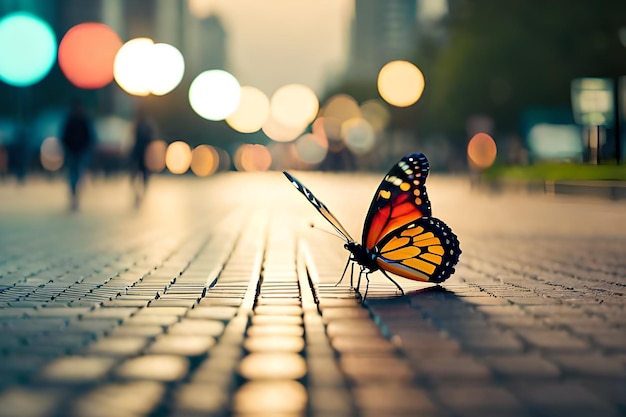 Un papillon sur un trottoir avec le soleil qui brille dessus