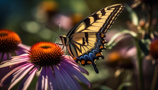 Un papillon vibrant pollinise une seule fleur en été générée par l'IA