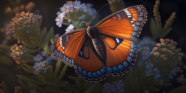 Papillon vice-roi sur fleurs bleues Généré par AI