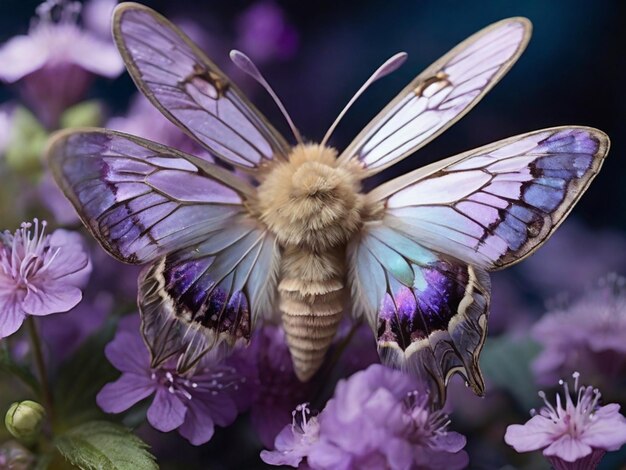 un papillon violet avec des ailes violettes et des ailes pourpres est assis sur des fleurs violettes