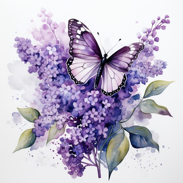 papillon violet sur une branche de fleurs lilas avec des feuilles génératives ai