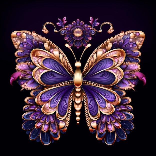 papillon violet et or avec un motif d'ornement orné sur fond noir ai générative