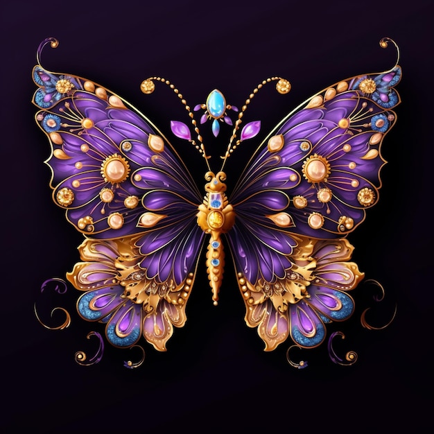 papillon violet et or avec des perles et des bijoux sur ses ailes ai générative