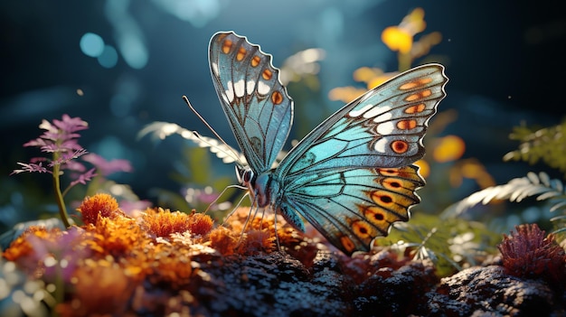 Un papillon volant au-dessus d'une nature vibrante avec des motifs colorés