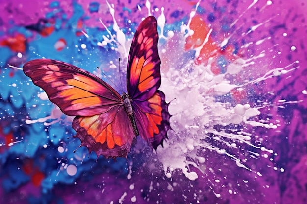 papillon volant brillant sur un fond violet éclaboussures d'eau et de peinture