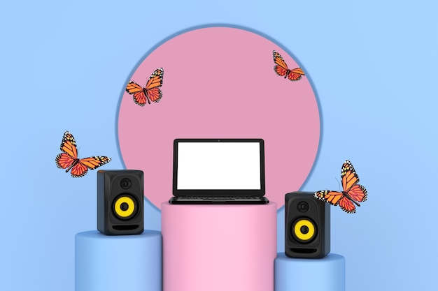 Papillon volant entre les haut-parleurs acoustiques de studio audio, un ordinateur portable moderne sur un socle promotionnel rose et bleu se dresse sur un fond rose et bleu. Rendu 3D