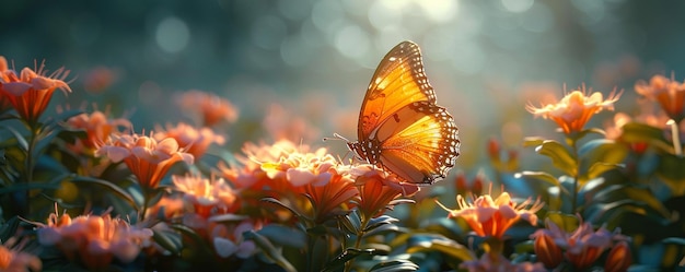 Photo un papillon voltigeur atterrit sur un fond en fleurs