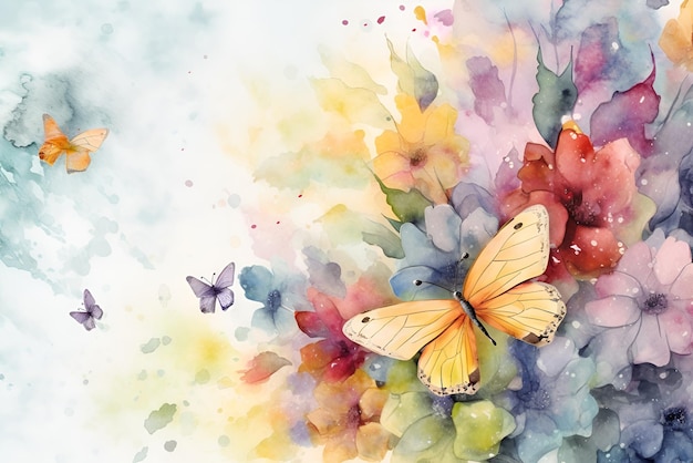 Papillons aquarelles et fleurs sauvages d'été Fond de printemps et d'été AI générative