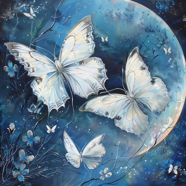 Photo des papillons au clair de lune dans la nuit bleue