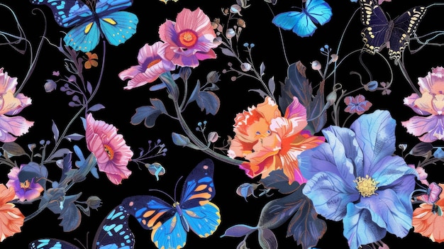 Des papillons colorés avec des fleurs sur noir