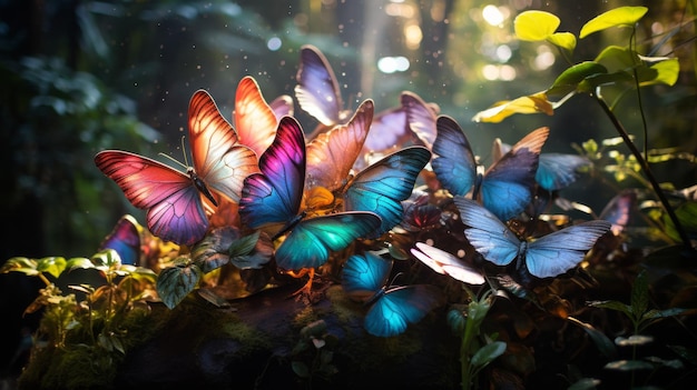 Des papillons colorés perchés sur un champ vert et luxuriant