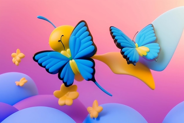 Photo les papillons colorés de rendu 3d volent dans le fond de l'illustration du ciel