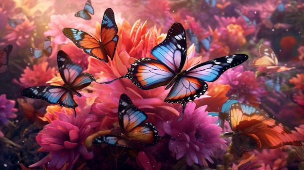 Des papillons dans une peinture de fleurs - photo #