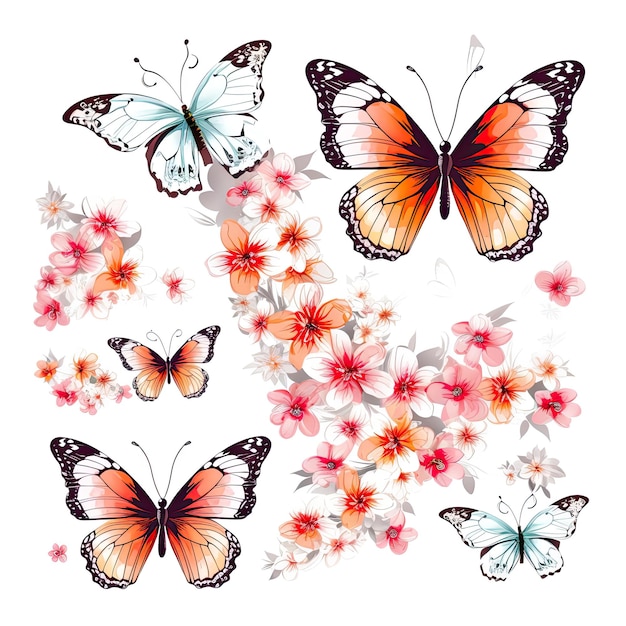 Les papillons de dessin animé et les fleurs bordent les insectes volants, les papillons de nuit délicats, les espèces aux couleurs variées.