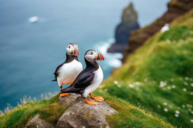 Photo des papillons sur les falaises de l'île skomer, des îles féroé, des papillons assis sur un rocher devant la mer.