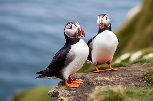 Photo des papillons sur les falaises de l'île skomer, des îles féroé, des papillons assis sur un rocher devant la mer.