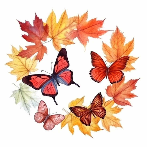 papillons et feuilles disposés en cercle sur un fond blanc