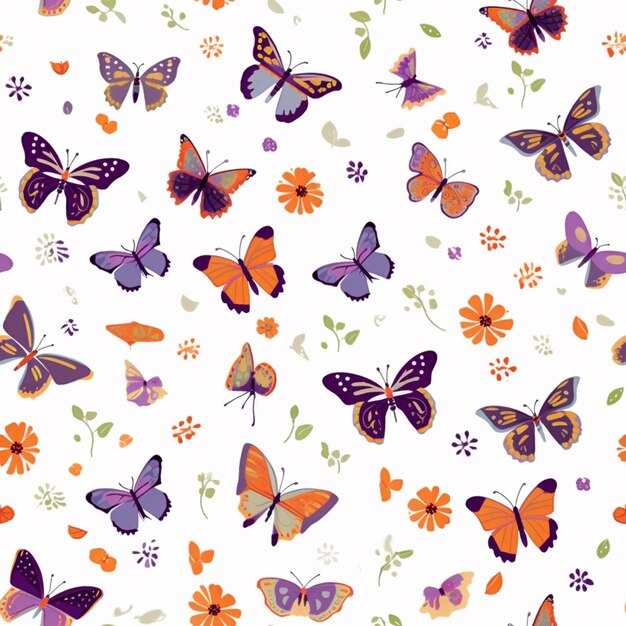 papillons et fleurs sur un fond blanc avec un ai génératif orange et violet