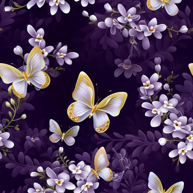 Papillons et fleurs violets et jaunes sur un fond sombre