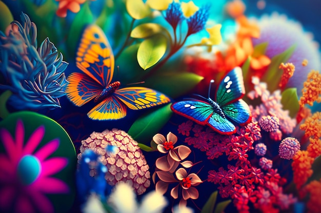 Papillons flottants de toutes les couleurs au milieu d'un jardin de fleurs vibrantes