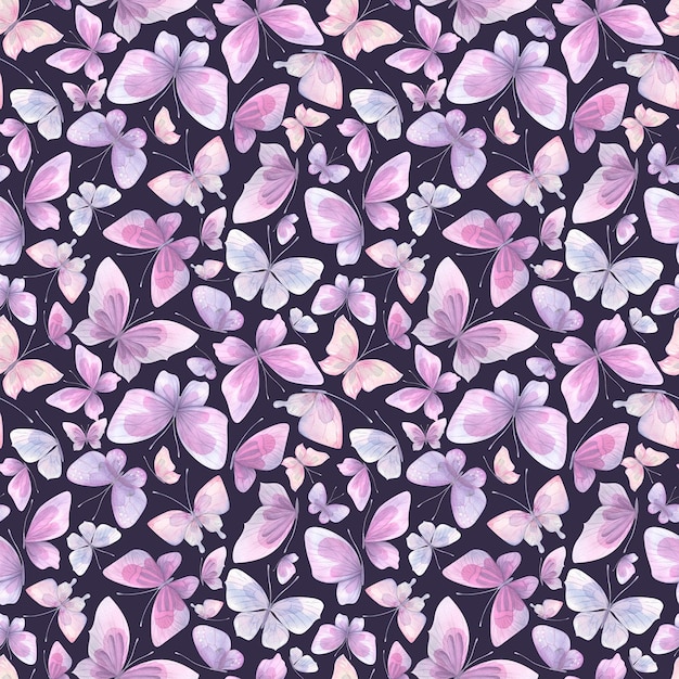 Papillons lilas délicats sur fond violet foncé Illustration aquarelle Modèle sans couture de la collection CHATS ET PAPILLONS Pour la conception d'emballages de papier peint textiles en tissu
