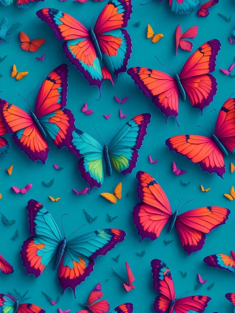 Des papillons à motif sans couture 3D, un arrière-plan de couleur, des papillons colorés éparpillés.