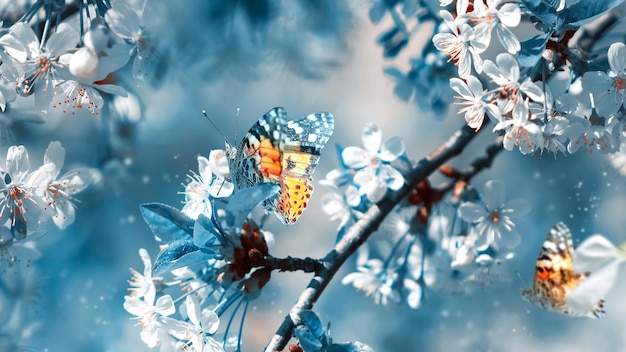 Papillons orange fragiles dans un jardin de cerisiers en fleurs au printemps sur fond bleu