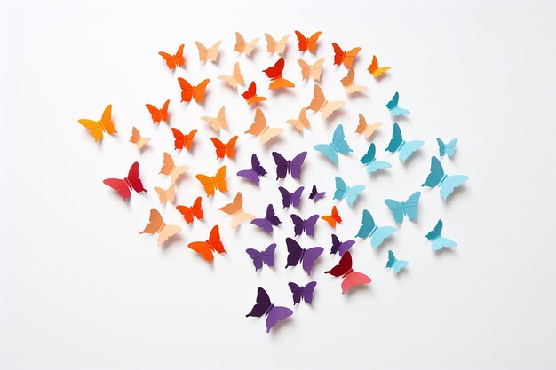 Photo des papillons de papier colorés en vol sur un fond blanc