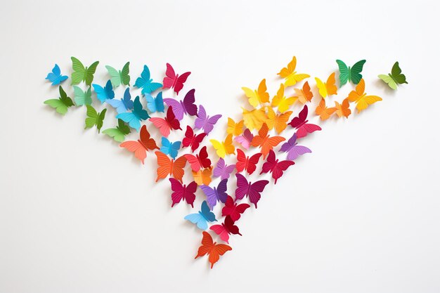 Des papillons de papier colorés en vol sur un fond blanc