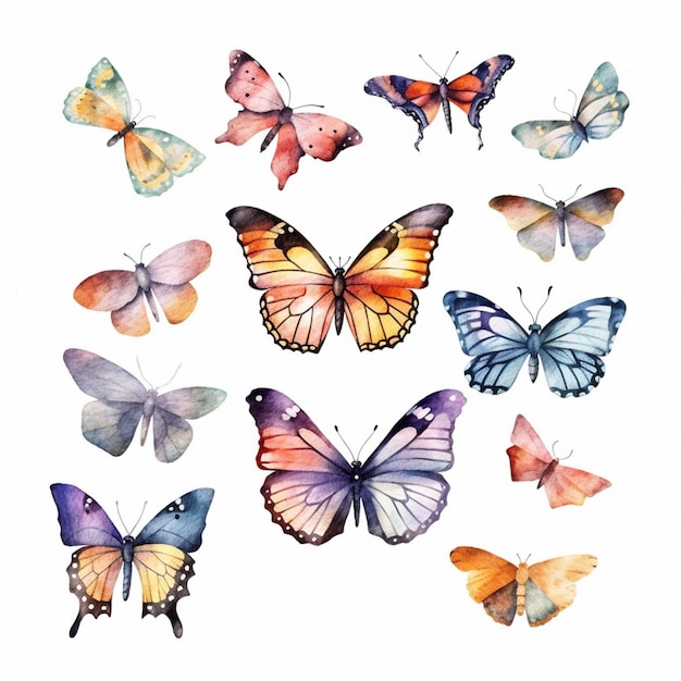 Papillons peints à l'aquarelle sur fond blanc ai générative