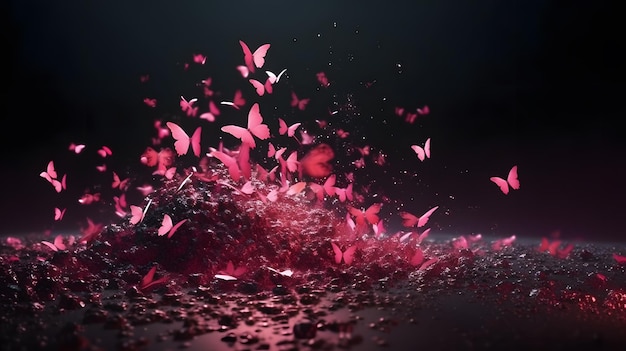 Des papillons roses sont éparpillés sur le sol et le mot papillon est en bas à droite.