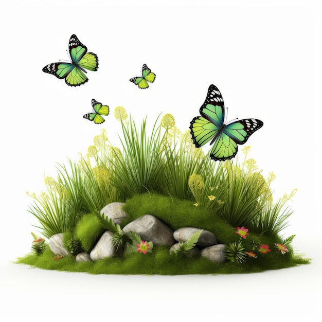 des papillons verts flottent au milieu d'une île d'herbe et de pierre, créant une scène extérieure vibrante et réaliste. ce rendu photoréaliste met en valeur des papillons aux couleurs vives, avec l'utilisation